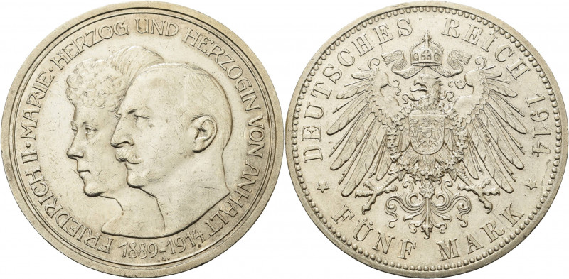 Anhalt
Friedrich II. 1904-1918 5 Mark 1914 A Silberhochzeit Jaeger 25 Kl. Kratz...