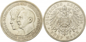 Anhalt
Friedrich II. 1904-1918 5 Mark 1914 A Silberhochzeit Jaeger 25 Kl. Kratzer, sehr schön-vorzüglich