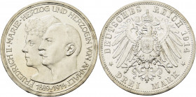 Anhalt
Friedrich II. 1904-1918 3 Mark 1914 A Silberhochzeit Jaeger 24 Randfehler, fast vorzüglich/vorzüglich-Stempelglanz