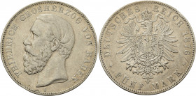 Baden
Friedrich I. 1856-1907 5 Mark 1876 G Jaeger 27 F Randfehler, sehr schön