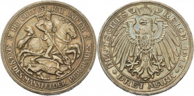 Preußen
Wilhelm II. 1888-1918 3 Mark 1915 A Mansfeld Jaeger 115 Kl. Henkelspur, vorzüglich