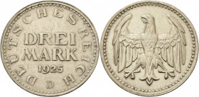Kleinmünzen
 3 Mark 1925 D Jaeger 312 Selten. Sehr schön-vorzüglich