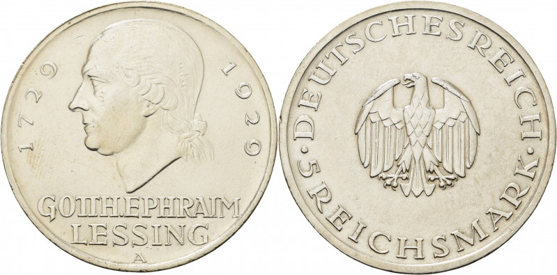 Gedenkausgaben
 5 Reichsmark 1929 A Lessing Jaeger 336 Kl. Kratzer, fast vorzüg...