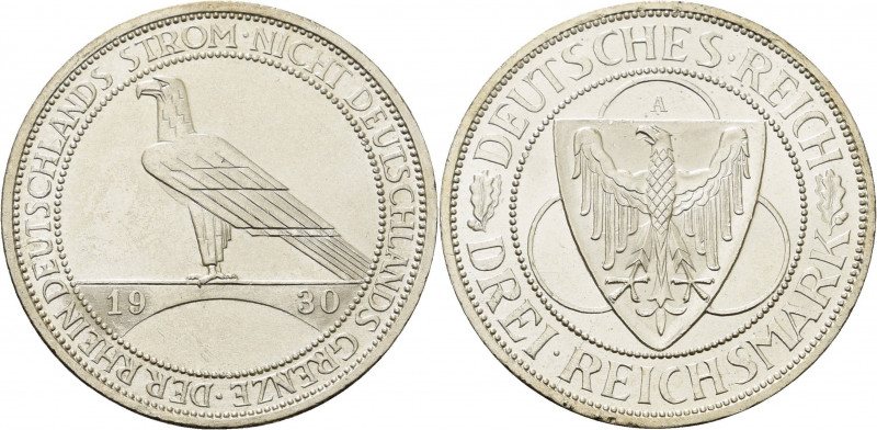 Gedenkausgaben
 3 Reichsmark 1930 A Rheinlandräumung Jaeger 345 Kl. Kratzer, vo...