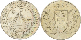 Ausgaben des Freistaates
 2 Gulden 1932. Kogge Jaeger D 16 Feine Patina, vorzüglich-prägefrisch