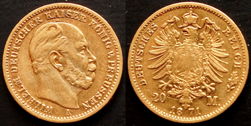 PREUSSEN, KÖNIGREICH
Wilhelm I., 1861-1888, 1871 Deutscher Kaiser 20 Mark 1871 ...