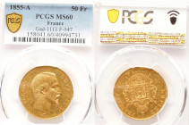 Frankreich, 50 Francs 1855, MS60
Metal: Gold (0.900). Weight: 16.13 grams. Diametre: 28.0 mm.
Napoleon III (1852 - 1870). Paris. Gad-1111, KM-785