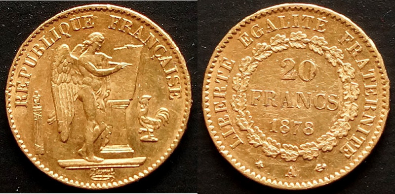 FRANKREICH.
3. Republik, 1871 - 1940. 20 Francs 1878 A, Paris. An Pult stehende...