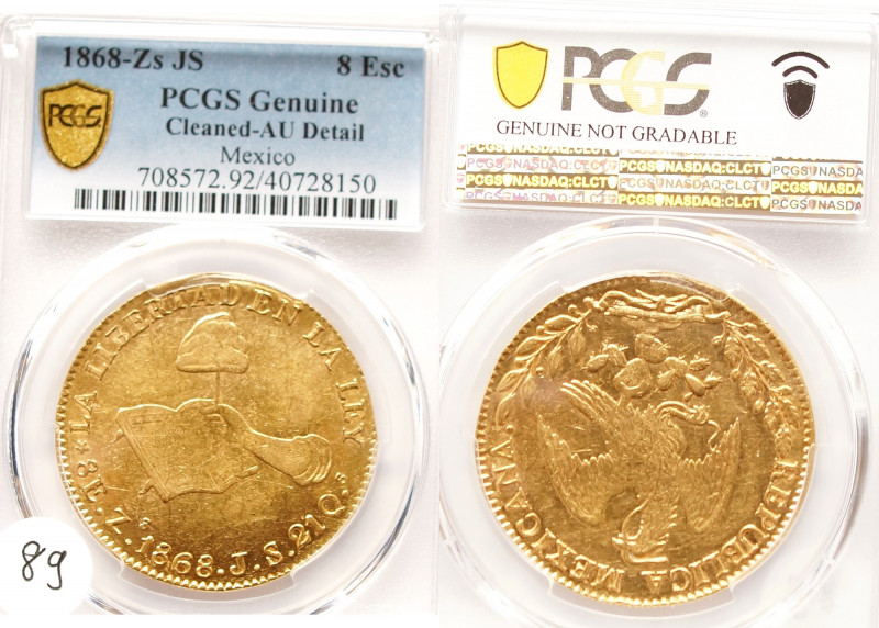 Mexico. 1868-Zs. 8 Escudos - PCGS Cleaned-AU Detail
Metal: Gold (0.875). Weight:...
