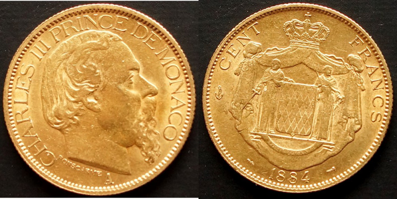 MONACO, Charles III., 1856-1889, 100 Francs 1884 A, Paris. Frbg.11; KM 99
GOLD,...