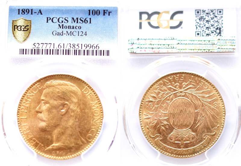 Monaco 100 Francs 1891, MS61
Metal: Gold (0.900). Weight: 32.26 grams. Diametre:...
