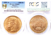 Monaco 100 Francs 1891, MS61
Metal: Gold (0.900). Weight: 32.26 grams. Diametre: 35.0 mm.
Albert Ier (1889 - 1922). Gad-MC124