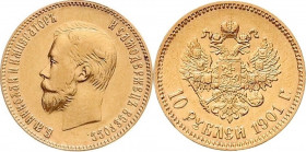 Russaland, ZAR NIKOLAUS II., 1894-1917. Goldmünzen des Zaren Nikolaus II.
10 Rubel 1901, St. Petersburg. 8,55 g. ; Fb. 179; Schl. 204.