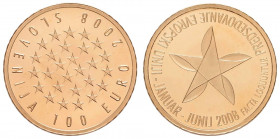 Slowenien, Republik 100 € 2008 Präsidentschaft im Europäischen Rat, Goldmünze (7 g) mit CoA in Originalholzetui  EM SLO-103, 104 PP. , Proof