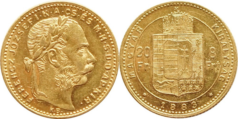 Hungary 20 Francs / 8 Forint 1883 KB
KM# 467; Franz Joseph I, Kremnitz. Gold (....