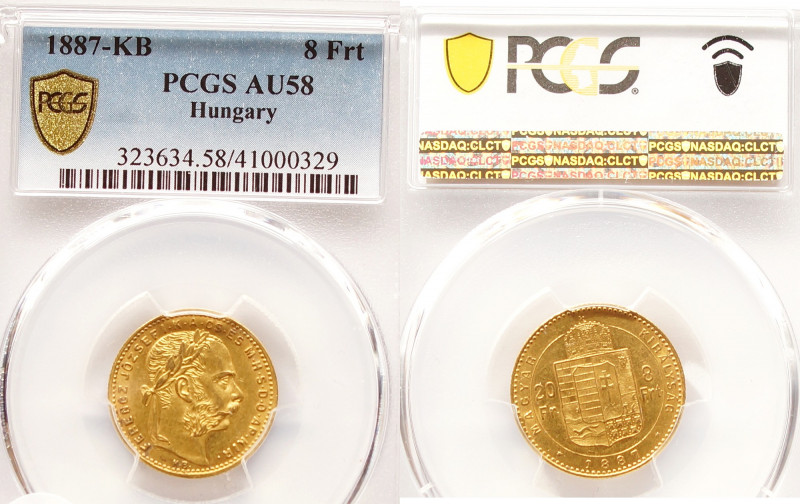 Hungary 20 Francs / 8 Forint 1887 KB
KM# 467; Franz Joseph I, Kremnitz. Gold (.9...