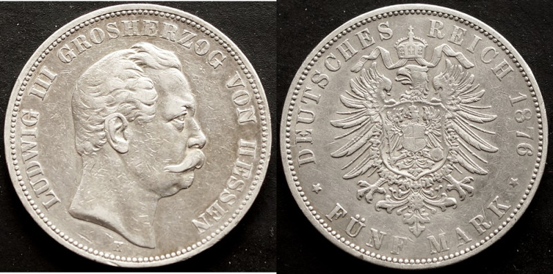Hessen
Ludwig III. 1848-1877 5 Mark 1876 H Jaeger 67 , sehr schön