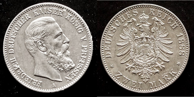 PREUSSEN, KÖNIGREICH
Friedrich III. 1888-1888, Berlin.2 Mark 1888 A., J. 98. , f...