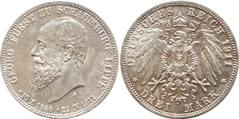 SCHAUMBURG-LIPPE. Georg, 1893-1911
J. 166. 3 Mark 1911, mit Lebensdaten. Vorzügl...