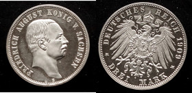 Sachsen: Friedrich August III. 1904-1918: 3 Mark 1909, Jaeger 135, Polierte Platte, VS kl. Kratzer