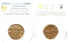 Deutsch Ostafrika, 5 Heller 1916, Copper, WILHELM II 1888–1918 Tabora mint. , MS62