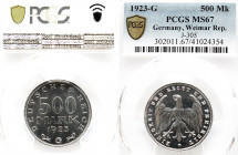 Ersatz und Inflationsmünzen 1919-1923
500 Mark 1923 G, Jaeger 305, MS67