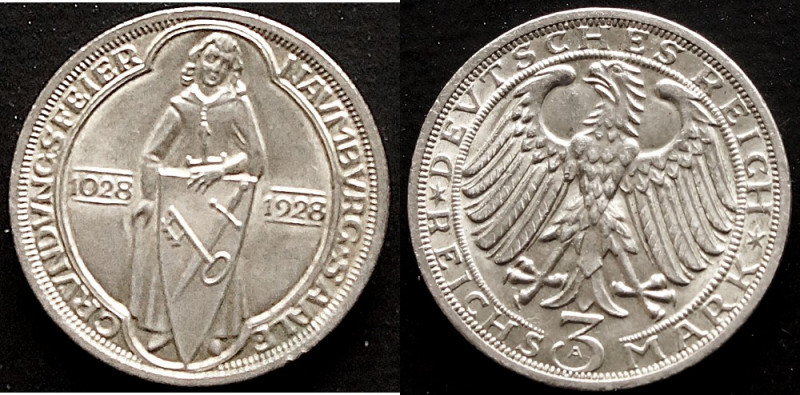 WEIMARER REPUBLIK
3 Reichsmark 1928 A 900 Jahre Naumburg an der Saale J. 333., v...