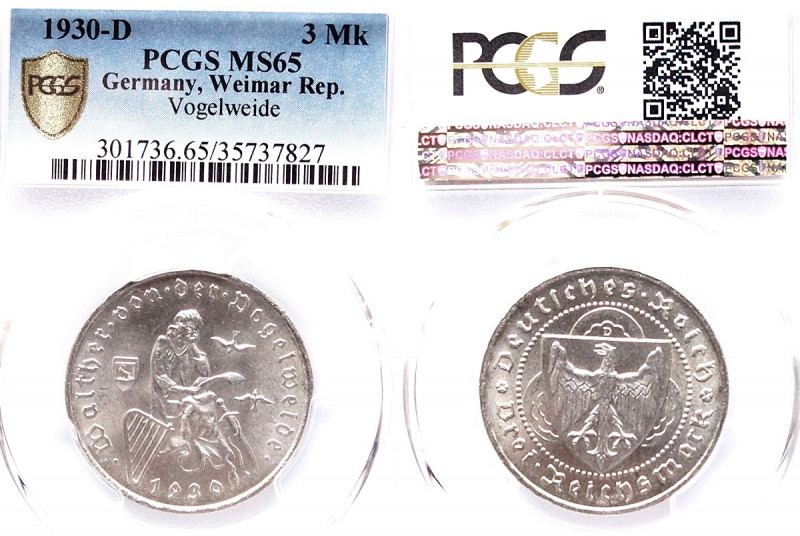 3 Reichsmark 1930 D Vogelweide Jaeger 344 , stempelglanz MS65