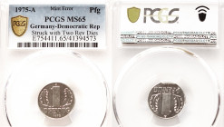 DDR, 1 Pfennig 1975 A, Abschlag auf irregulärem Aluminiumschrötling, 17,2 mm (statt 17,0 mm), 1,12 g (statt 0,72 g), beidseits Wertseite, "französisch...
