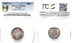 Frankreich, Louis Philippe 1830-1848, stempelglanz MS66
50 Centimes, Paris, 1847 A, AG 2.5 g.
Ref : G.410