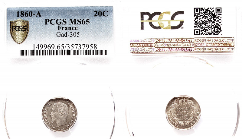 Frankreich, Napoléon III (1852-1870). 20 centimes 1860, stempelglanz, MS65