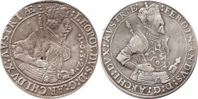 Erzherzog Ferdinand II., 1564-1595, Graf von Tirol und Regent von Vorderösterreich Zwitter-Schraubtaler o. J./1632, Hall. Hüftbild rechts / Hüftbild E...