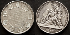Silberne Schützenmedaille v. Bovy 1844. Eidgenössisches Freischießen. Gestürzter Reiter/Neun Wappen um Schrift. 38 mm, 25,95 g., vz-st