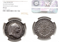 SPANIEN. KÖNIGREICH. Isabella II., 1833-1868. 5 Pesetas 1904 (Postume Prägung). Probe in Silber. Mit glattem Rand. Design von Reginald Huth. In US-Pla...