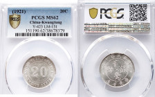 China, Kwangtung, KM Y-423, 20 cents 1921 (Year 10) In PCGS slab as MS62. L&M-151.