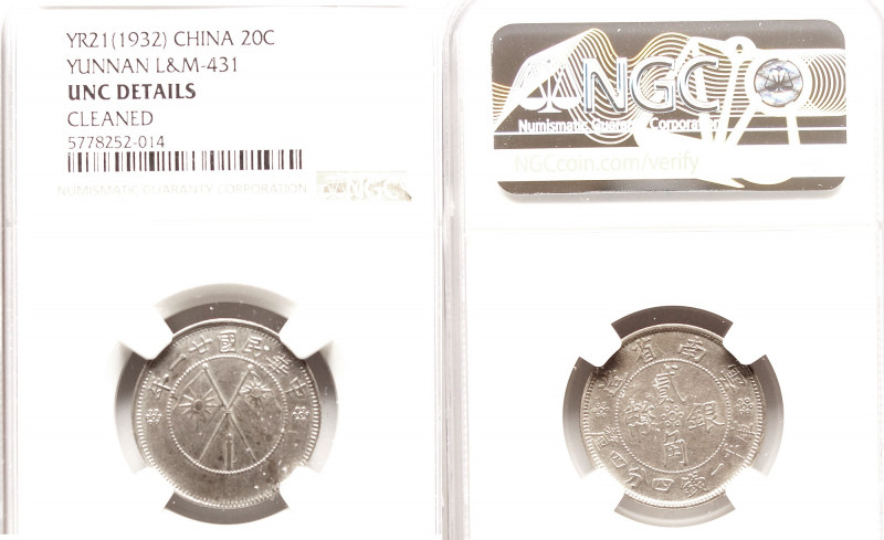 CHINA. Yunnan. 1 Mace 4.4 Candareens (20 Cents), Year 21 (1932).
L&M-431; K-772;...