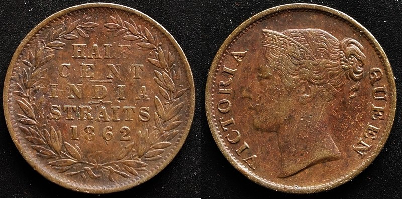 Straits Settlements, Victoria 1837-1901: Straits Settlements 1/2 Cent 1862 KM: 5...