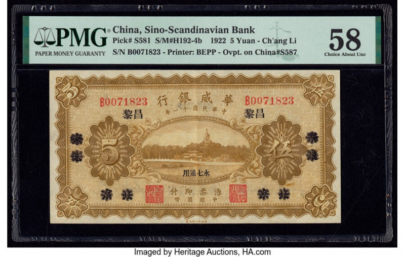 China Sino-Scandinavian Bank, Ch'ang Li 5 Yuan 2.1.1922 Pick S581 S/M#H192-4b PM...
