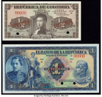 Colombia Banco de la Republica 1/2; 1 Peso Oro 1948; 1929 Pick 345s; 380s Two Specimen Crisp Uncirculated. Red Specimen overprints and two POCs are pr...
