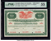 Colombia Banco de Colombia 50 Centavos = 2/- Shillings 1918 Pick S391s Specimen PMG About Uncirculated 55. Red Specimen overprints, Printer's annotati...