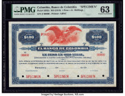Colombia Banco de Colombia 1 Peso = 4/- Shillings ND (1919) Pick S392s Specimen PMG Choice Uncirculated 63. Red Specimen overprints and four POCs are ...