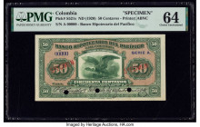Colombia Banco Hipotecario del Pacifico 50 Centavos ND (1920) Pick S521s Specimen PMG Choice Uncirculated 64. Red Specimen overprints and three POCs.
...