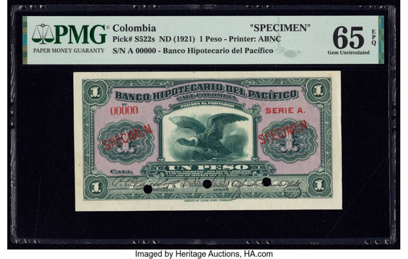 Colombia Banco Hipotecario del Pacifico 1 Peso ND (1921) Pick S522s Specimen PMG...