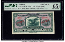 Colombia Banco Hipotecario del Pacifico 1 Peso ND (1921) Pick S522s Specimen PMG Gem Uncirculated 65 EPQ. Red Specimen overprints and three POCs are v...