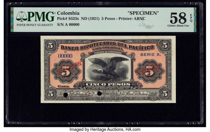 Colombia Banco Hipotecario del Pacifico 5 Pesos ND (1921) Pick S523s Specimen PM...