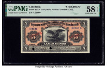 Colombia Banco Hipotecario del Pacifico 5 Pesos ND (1921) Pick S523s Specimen PMG Choice About Unc 58 EPQ. Red Specimen overprints and two POCs are vi...