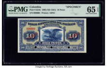 Colombia Banco Hipotecario del Pacifico 10 Pesos 1905 (ND 1921) Pick S524s Specimen PMG Gem Uncirculated 65 EPQ. Red Specimen overprints and three POC...