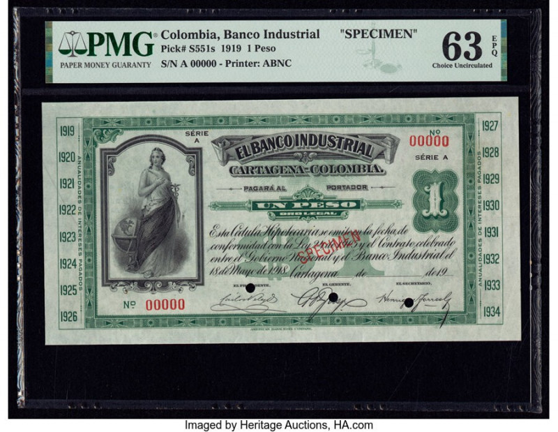 Colombia Banco Industrial 1 Peso 1919 Pick S551s Specimen PMG Choice Uncirculate...