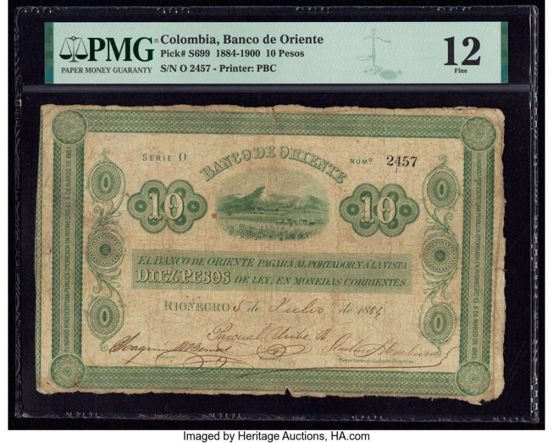 Colombia Banco de Oriente 10 Pesos 5.7.1884 Pick S699 PMG Fine 12. 

HID09801242...