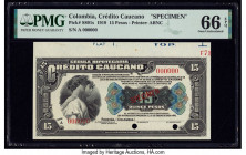 Colombia Credito Caucano 15 Pesos 1919 Pick S891s Specimen PMG Gem Uncirculated 66 EPQ. Red Specimen overprints, two POCs and selvage included.

HID09...